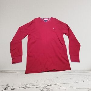Ralph Lauren Men's Long Sleeve V-Neck Shirt - Red with White Logo